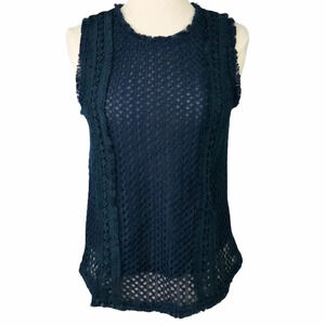 JOA Eyelet Fringe Crochet Tank Top Blouse Blue M